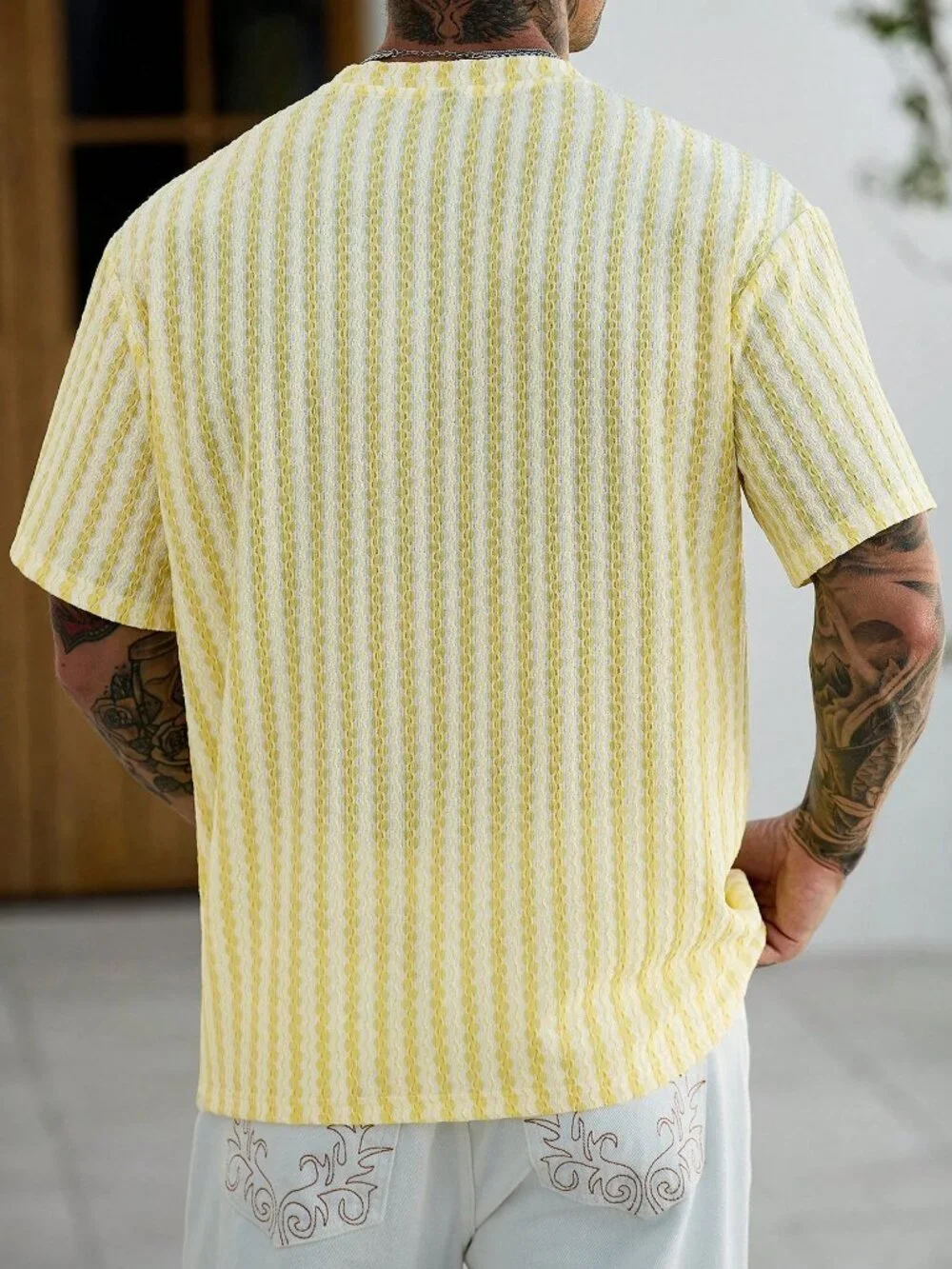 Light Yellow Regular Fit Men's Geometric Knit T-Shirt